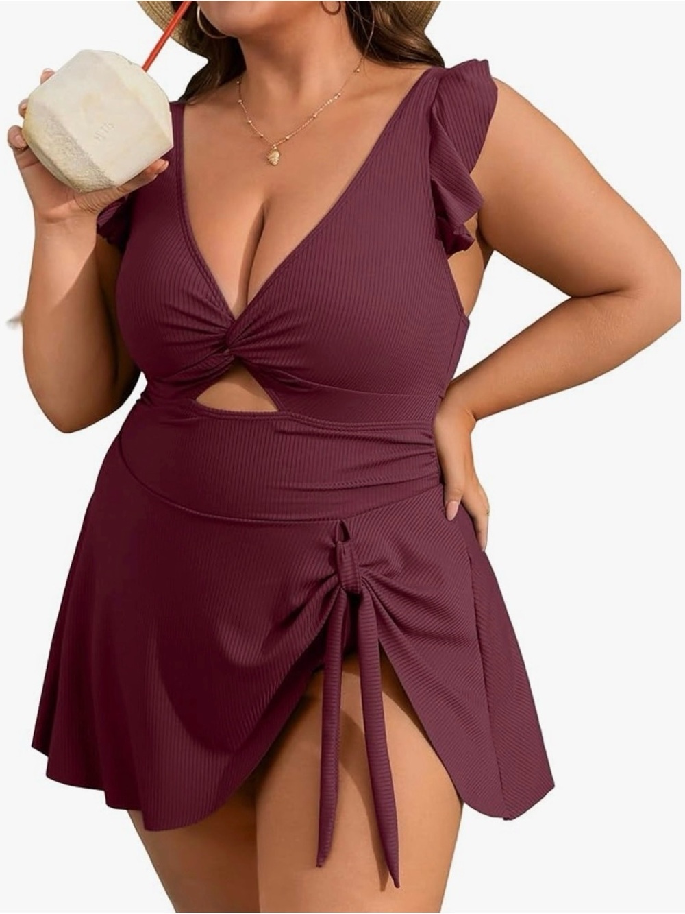 Plus Size Twist-Front One-Piece Swimdress in Plum